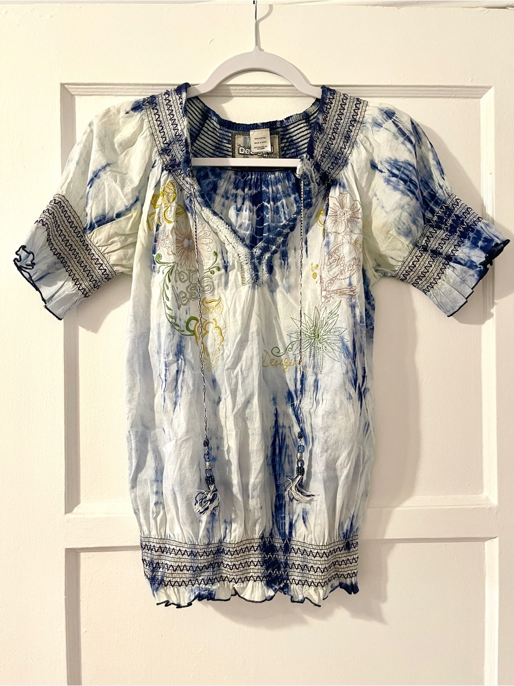 Desigual Blue White Tie-Dye Floral Embroidered Blouse